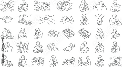 Photos Vector illustration of people and animals in various affectionate and happy poses, showing love and care in a simple line art style on a white background