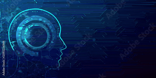 Digital human head silhouette with glowing circuitry and abstract background