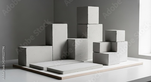 Minimalist 3D concrete cubes on wooden base.