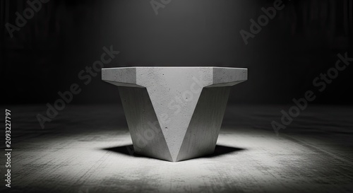 Minimalist concrete pedestal in dark atmospheric room.