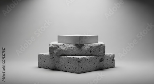 Rough concrete stone podium display on grey background.