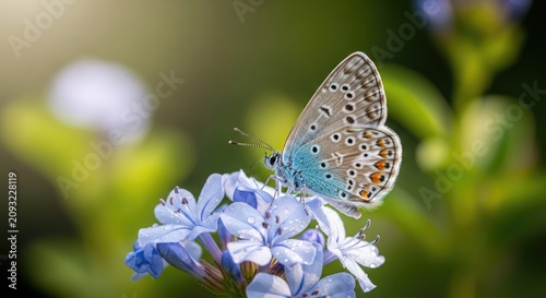 Small blue butterfly resting on vibrant purple blue flowers.