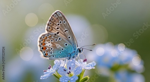Small blue butterfly resting on tiny spring blossoms.