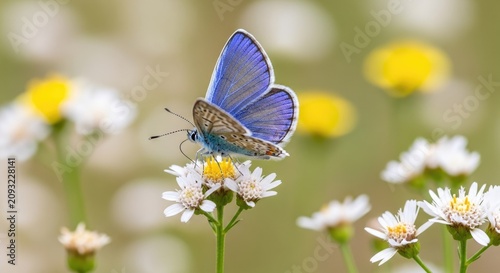 Small blue butterfly resting on white daisy wildflowers.