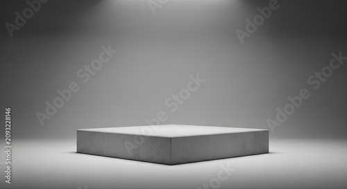 Square concrete pedestal under bright spotlight in gray room.