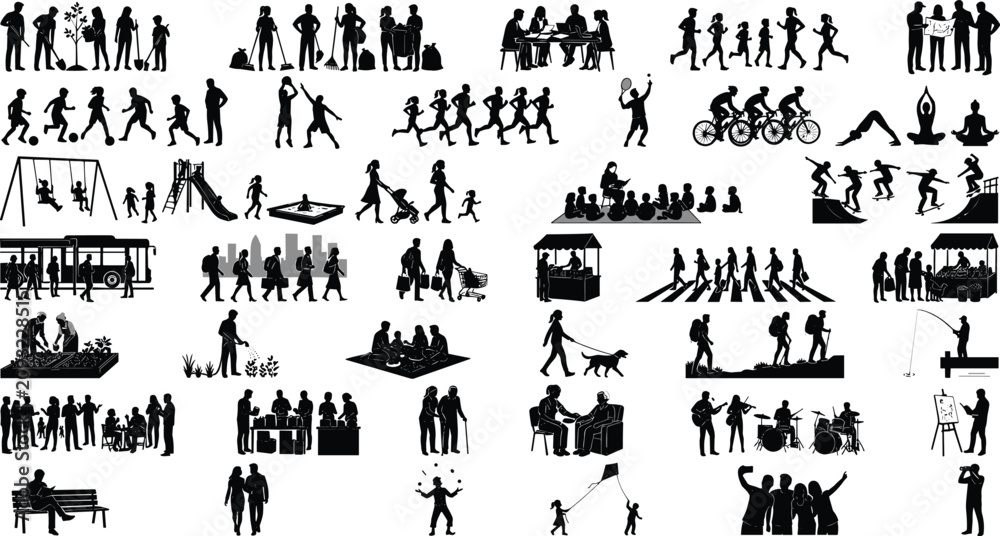 Obraz premium Community Lifestyle People Silhouette Collection with Recreation Work Sports and Family Activities