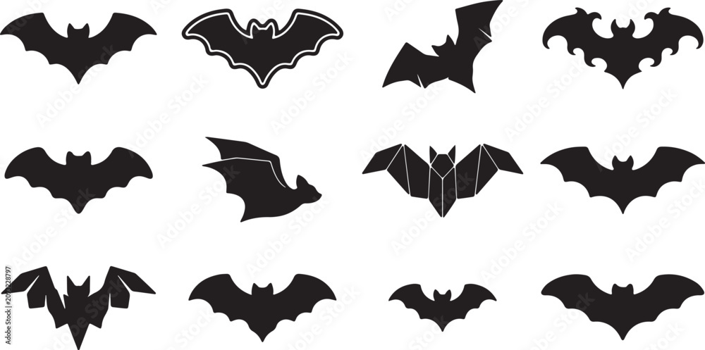 Fototapeta premium Flying Bat Silhouette Bundle Black Bat Vector Icons for Halloween Design, Halloween Bat Silhouette Set Vector Collection Isolated on White Background, Black Bat Silhouette Collection Halloween Flying 