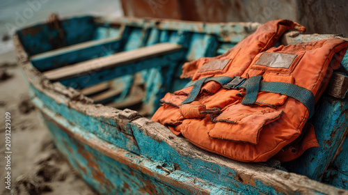 Weathered boat on the shore with a vintage orange life jacket resting on the side during a sunny day by the beach