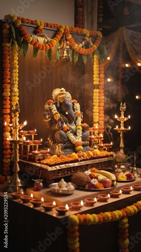 Beautifully illuminated Ganesh Chaturthi altar with traditional Ganesha statue, lit diya lamps, and offerings