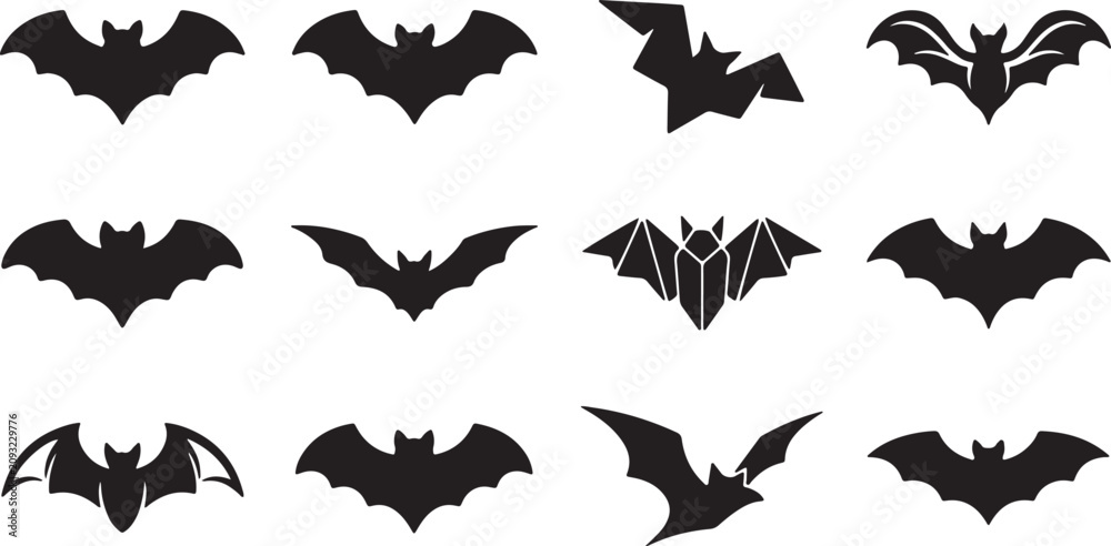 Fototapeta premium Flying Bat Silhouette Bundle Black Bat Vector Icons for Halloween Design, Halloween Bat Silhouette Set Vector Collection Isolated on White Background, Black Bat Silhouette Collection Halloween Flying 