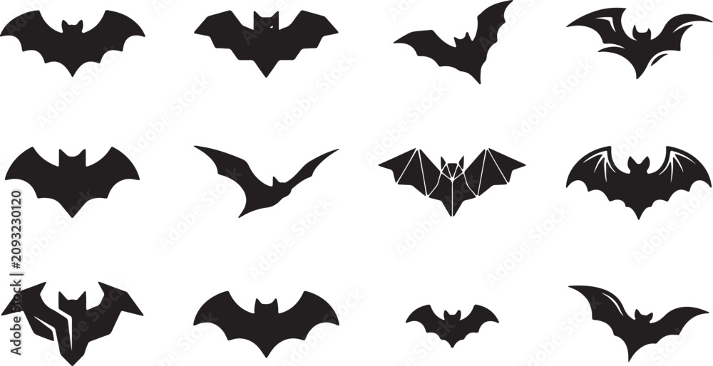 Fototapeta premium Flying Bat Silhouette Bundle Black Bat Vector Icons for Halloween Design, Halloween Bat Silhouette Set Vector Collection Isolated on White Background, Black Bat Silhouette Collection Halloween Flying 