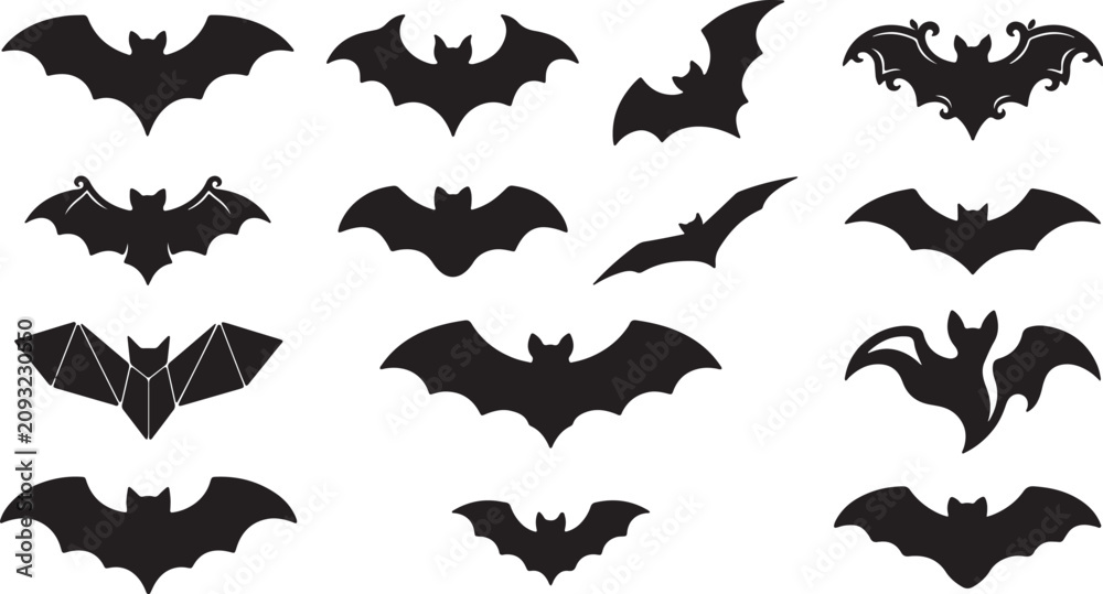 Fototapeta premium Flying Bat Silhouette Bundle Black Bat Vector Icons for Halloween Design, Halloween Bat Silhouette Set Vector Collection Isolated on White Background, Black Bat Silhouette Collection Halloween Flying 
