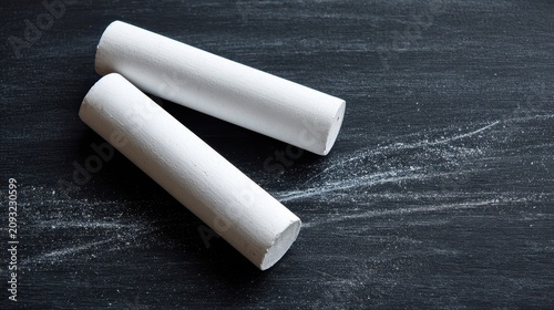 Two white chalk sticks resting on a dark board surface used in educational settings during teaching activities