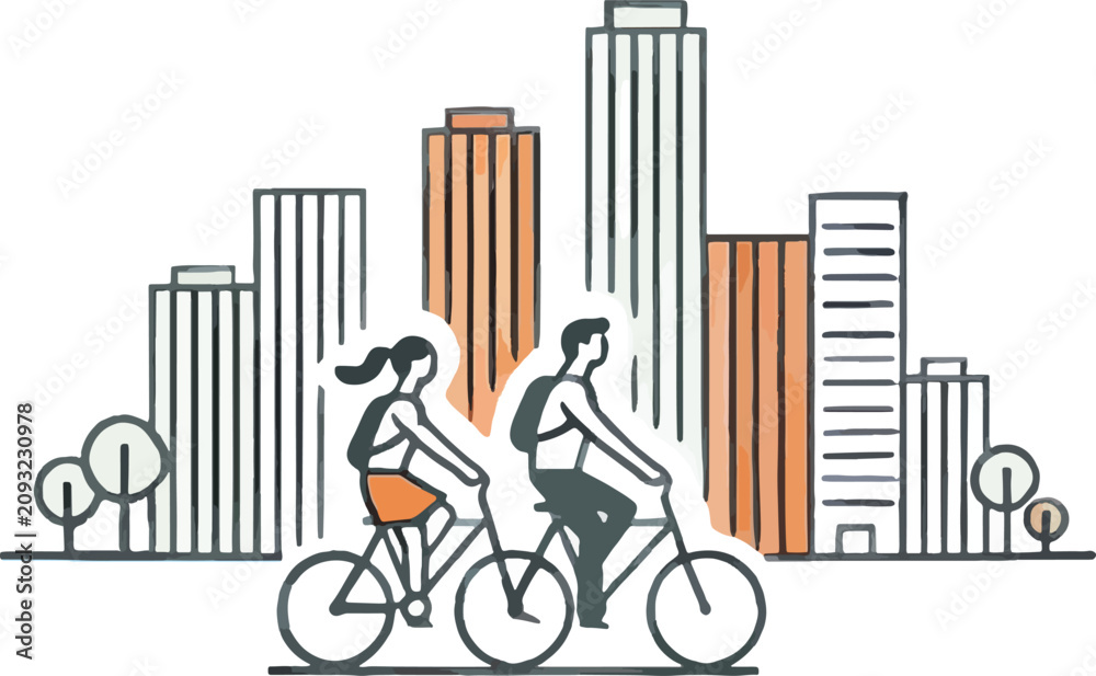 Obraz premium Couple Cycling in City with Buildings bicycles urban