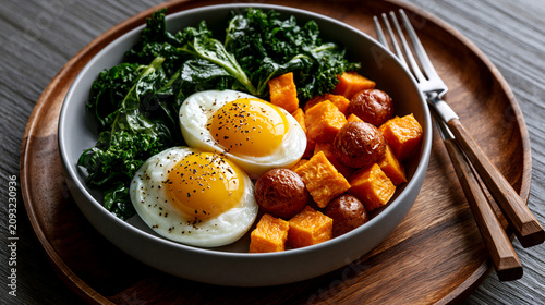 Eggs sweet potato and sautéed greens highlighting affordable muscle support meal longevity wellness and healthy aging lifestyle