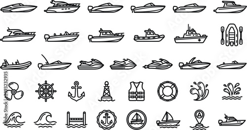 Cuadro en lienzo Luxury Yacht Speedboat and Watercraft Marine Line Icon Set with Jet Skis Anchors