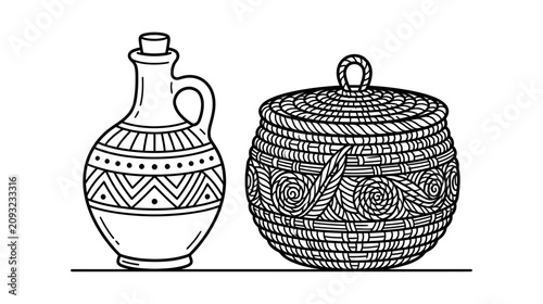 Foto Hand-drawn African Pottery and Woven Basket Illustration