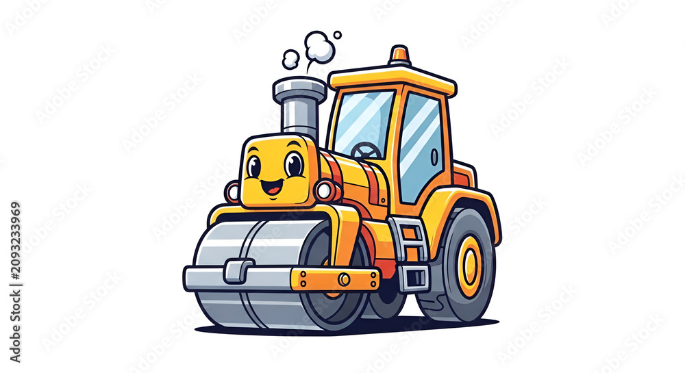 Fototapeta premium Cute cartoon road roller with a smiling face and vibrant colors, isolated on a white background. Perfect for construction, kids, mascot, transportation, and creative design projects.