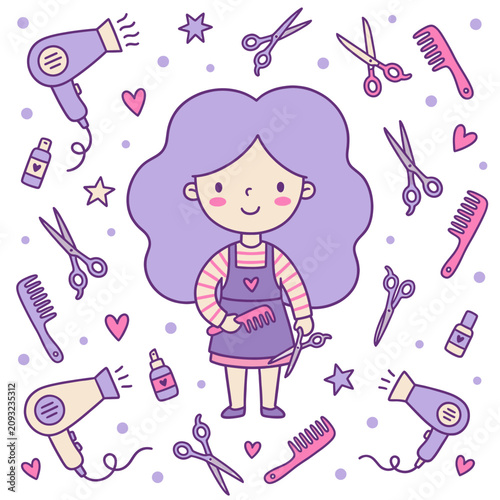 Cute girl hairstyle with hair tools illustration drawing for beauty and fashion