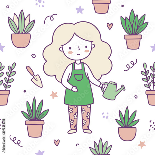Cute girl gardening with potted plants illustration pattern vector design for spring summer nature theme