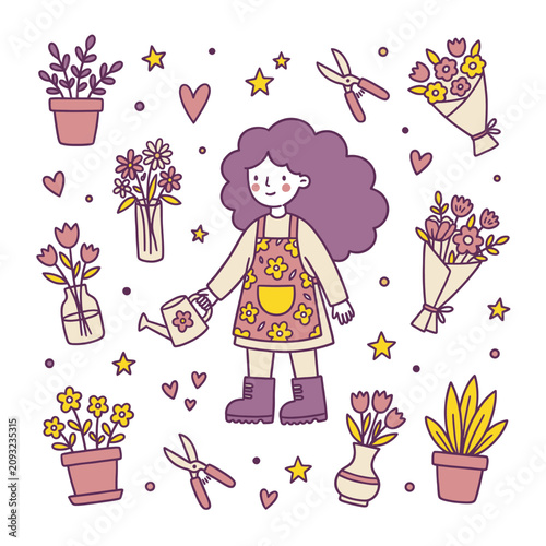 Cute girl gardening flowers and plants illustration vector drawing spring nature aesthetic art
