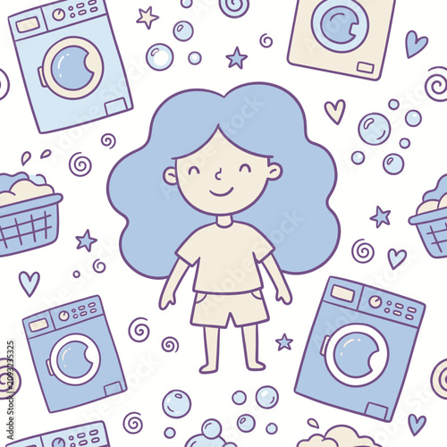 Cute Girl Laundry Pattern Vector Illustration Featuring Washing Machines Baskets and Bubbles for Home Decor