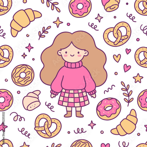 Cute Girl Pattern Illustration with Donuts Bread Rolls and Fashion Design