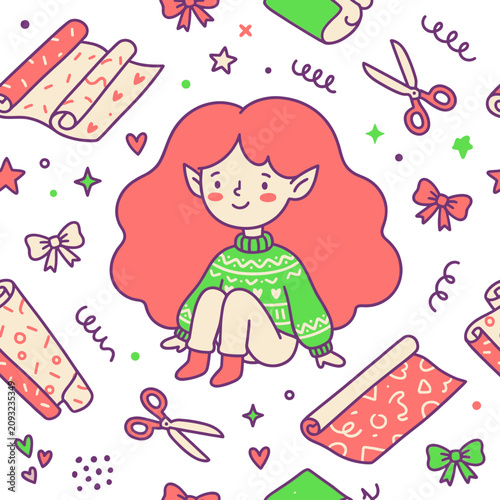 Cute Girl Pattern Seamless Fabric Design Knitting Paper Rolls and Scissors Craft Illustration