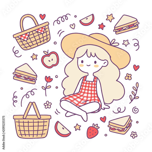 Cute Girl Picnic Summer Food Basket Illustration with Sandwiches Apples Strawberries and Baskets