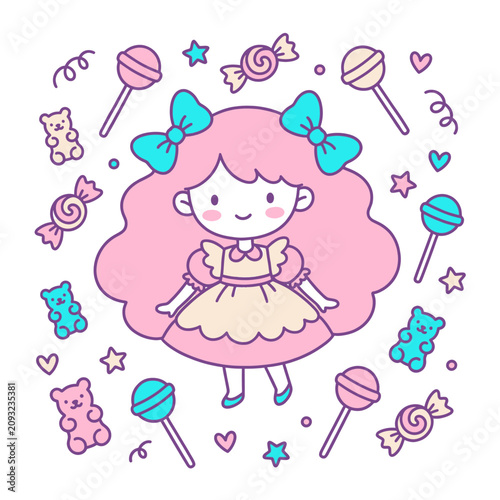 Cute girl princess illustration with pink hair dress bows balloons stars teddy bears vector drawing art