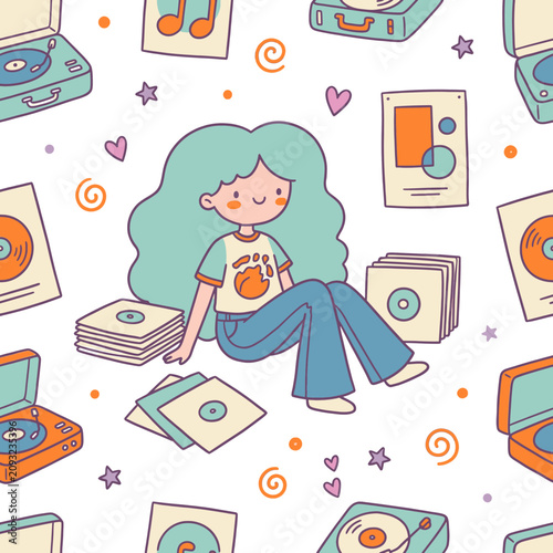 Cute girl surrounded by vintage vinyl records enjoying music a joyful retro illustration of a music lover s collection