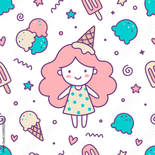 Cute Summer Girl Ice Cream Pattern Illustration Vector Background Design