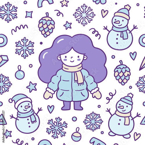 Cute winter girl illustration with snowmen snowflakes pine cones and christmas pattern design vector drawing for holiday celebration