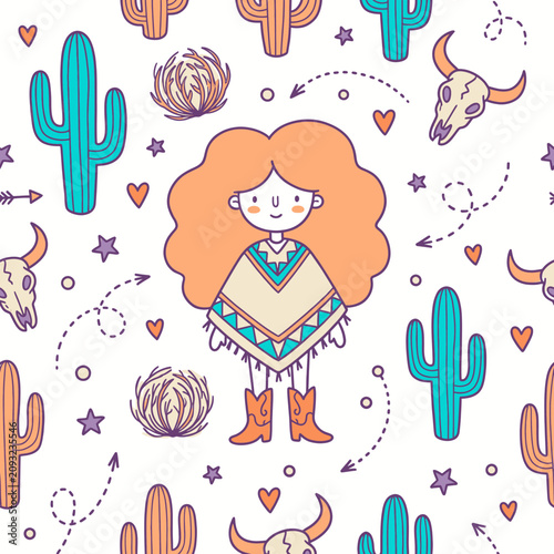 Cute Southwestern Boho Cactus Pattern Illustration of Smiling Woman with Curly Hair Bohemian Desert Style Cacti and Skull Design Vector Art