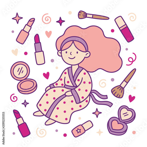 Cute Woman Beauty Makeup Fashion Illustration with Cosmetics and Lipstick Soft Pink Hair Aesthetic Drawing