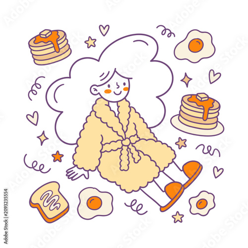 Cute woman wearing fluffy pajamas surrounded by breakfast food pancakes and eggs illustration cozy morning style vector drawing