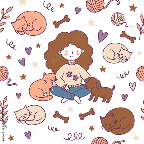 Cute Woman with Cats Dog and Bones Seamless Pattern Illustration Vector Design for Nursery Wallpaper