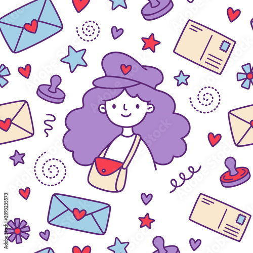 Cute woman pattern envelope hearts doodle spring postal design illustration vector graphic art print textile wallpaper fabric background