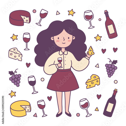 Happy girl enjoying wine and delicious food a vector illustration of celebration party feast with pizza cheese and grapes