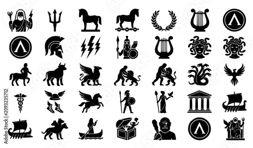 Bild auf Leinwand Ancient Greek Mythology and History Vector Icon Set Featuring Gods, Mythological