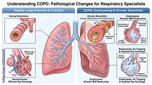 Medical Illustration Comparing Healthy Lung Anatomy and COPD Pathology, Showing Emphysema, Chronic Bronchitis, Alveolar Wall Destruction, and Impaired Gas Exchange