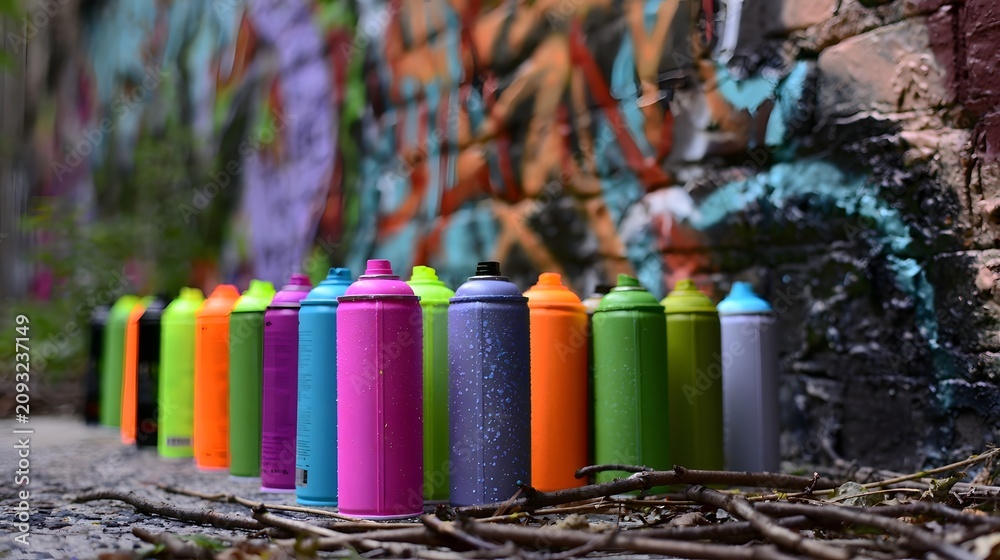 Obraz premium A row of colorful spray paint cans lined up on pavement before a graffiti covered brick wall