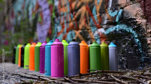 A row of colorful spray paint cans lined up on pavement before a graffiti covered brick wall