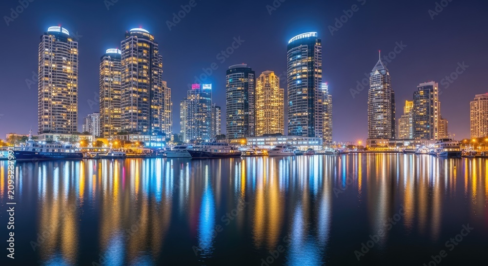 Obraz premium Illuminated city skyline reflecting in waterfront at night.