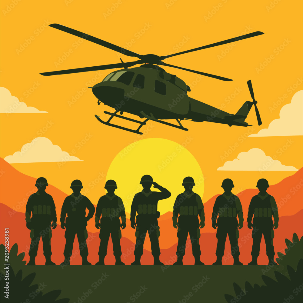 Fototapeta premium military soldiers silhouette and helicopter at sunset background