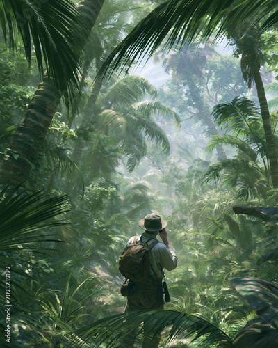 Back View Of Jungle Biologist Observing Tropical Rainforest