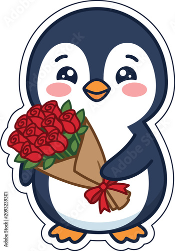 Cute cartoon penguin character holding a big bouquet of red roses vector illustration
