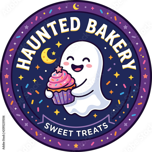Cute Haunted Bakery typography badge with a little ghost holding a cupcake vector illustration
