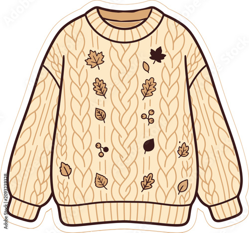 Cozy autumn knit sweater illustration with colorful maple leaves pattern sticker vector
