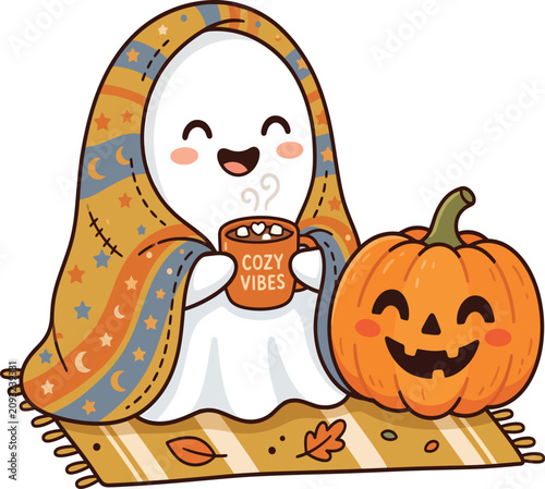 Cute halloween ghost wrapped in a cozy blanket holding hot drink with pumpkin vector illustration
